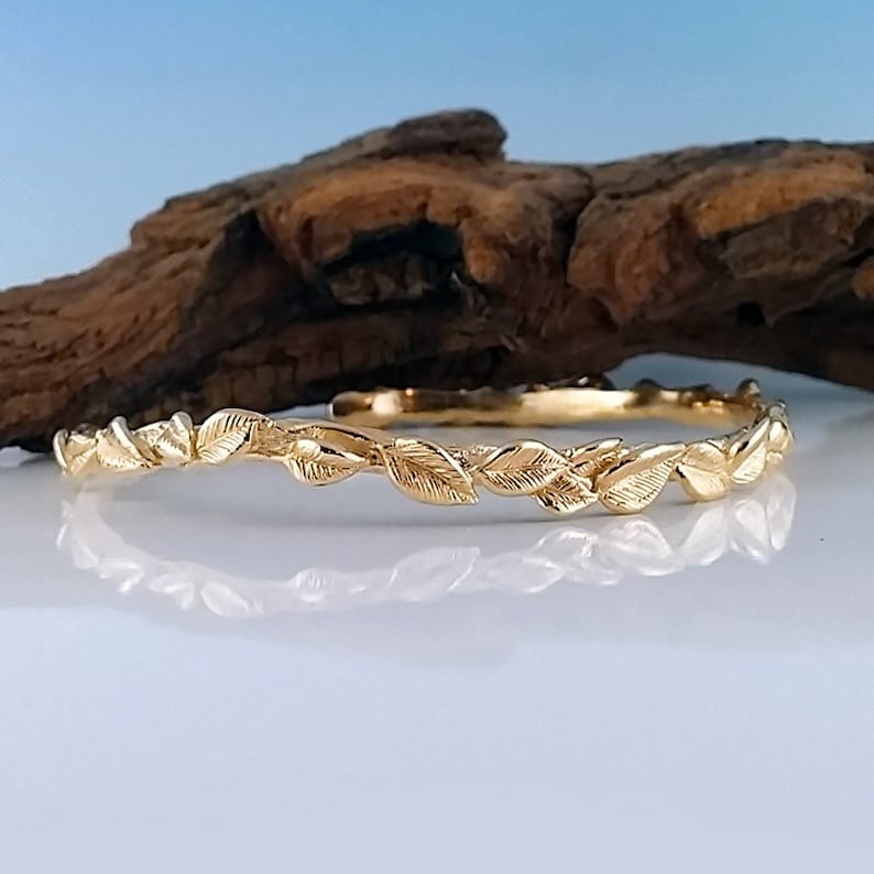 Solid Gold Leaf Bangle Bracelet