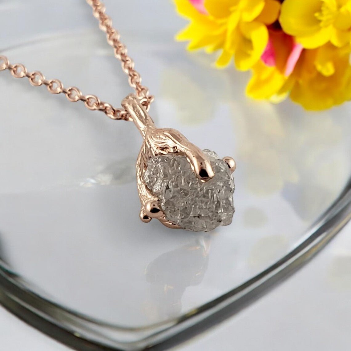 Solid Gold Twig Pendant with Rough Uncut Diamond