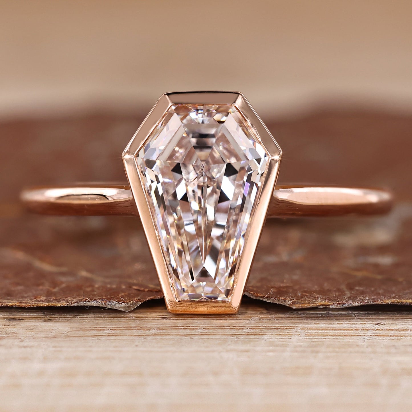 Coffin Cut Solitaire Diamond Ring with Cathedral and Bezel Setting