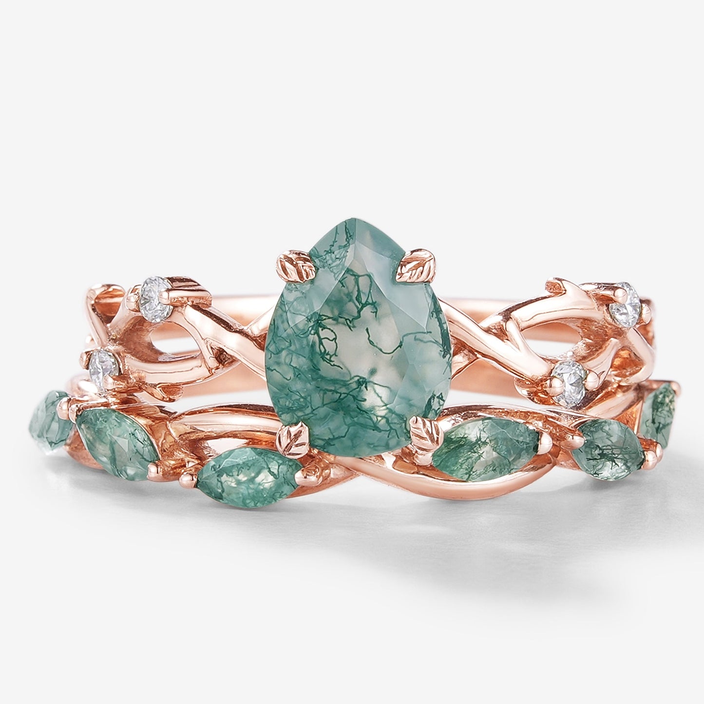 Moss Agate Engagement Ring With Straight Wedding Band 2pcs