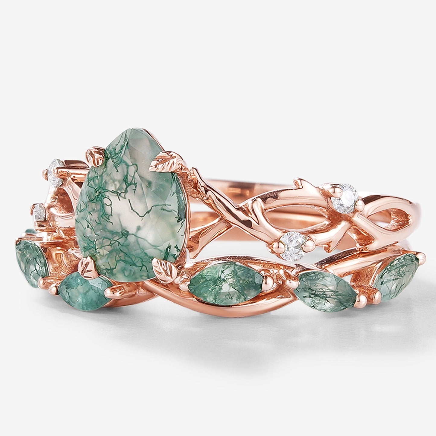 Moss Agate Engagement Ring With Straight Wedding Band 2pcs