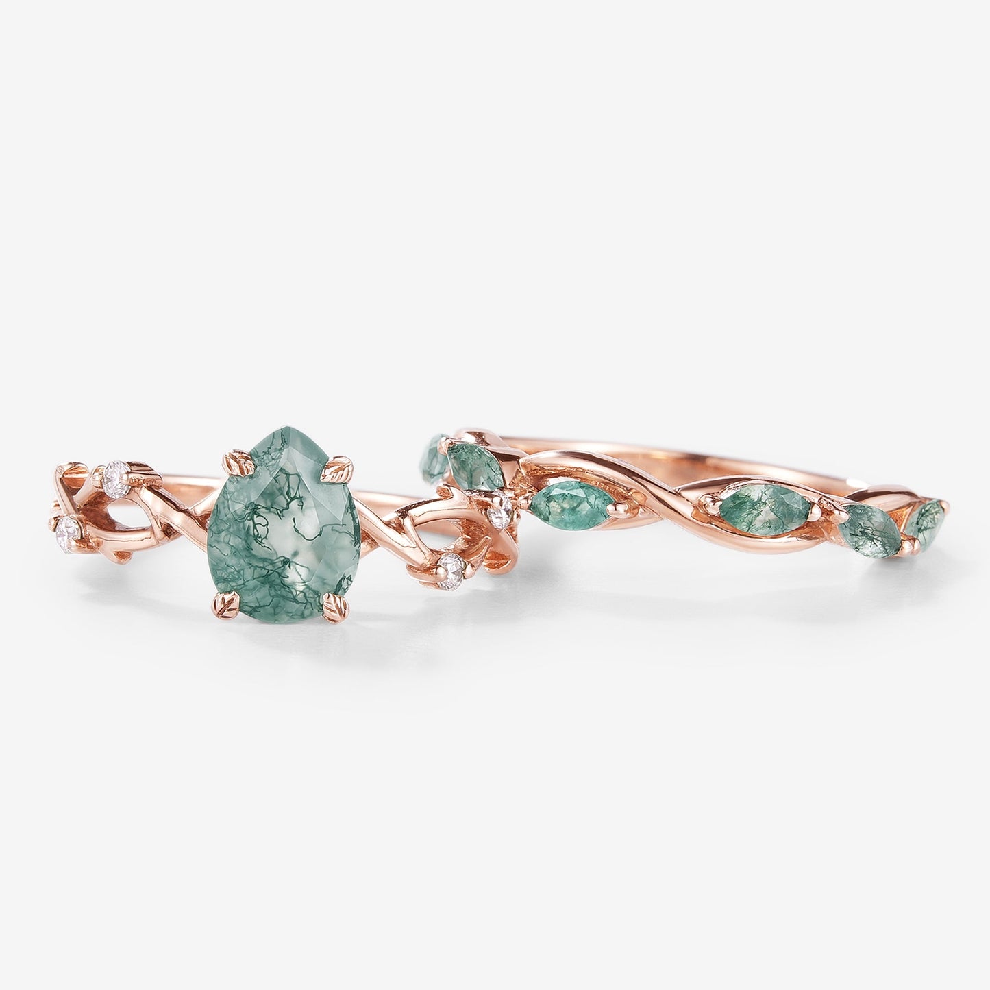Moss Agate Engagement Ring With Straight Wedding Band 2pcs
