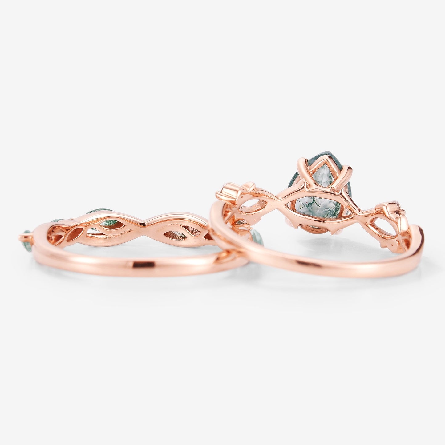 Moss Agate Engagement Ring With Straight Wedding Band 2pcs