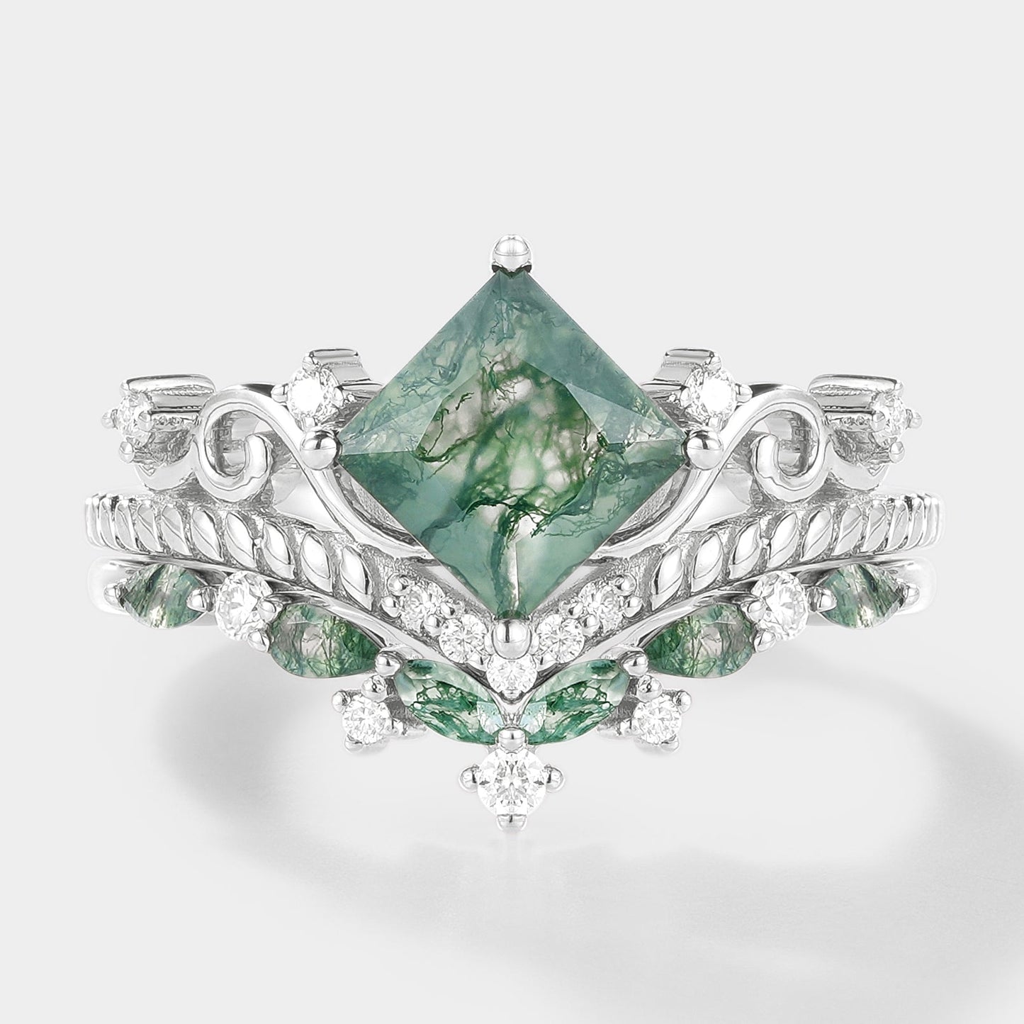 Vintage Princess Cut Moss Agate Bridal Ring Set 2pcs