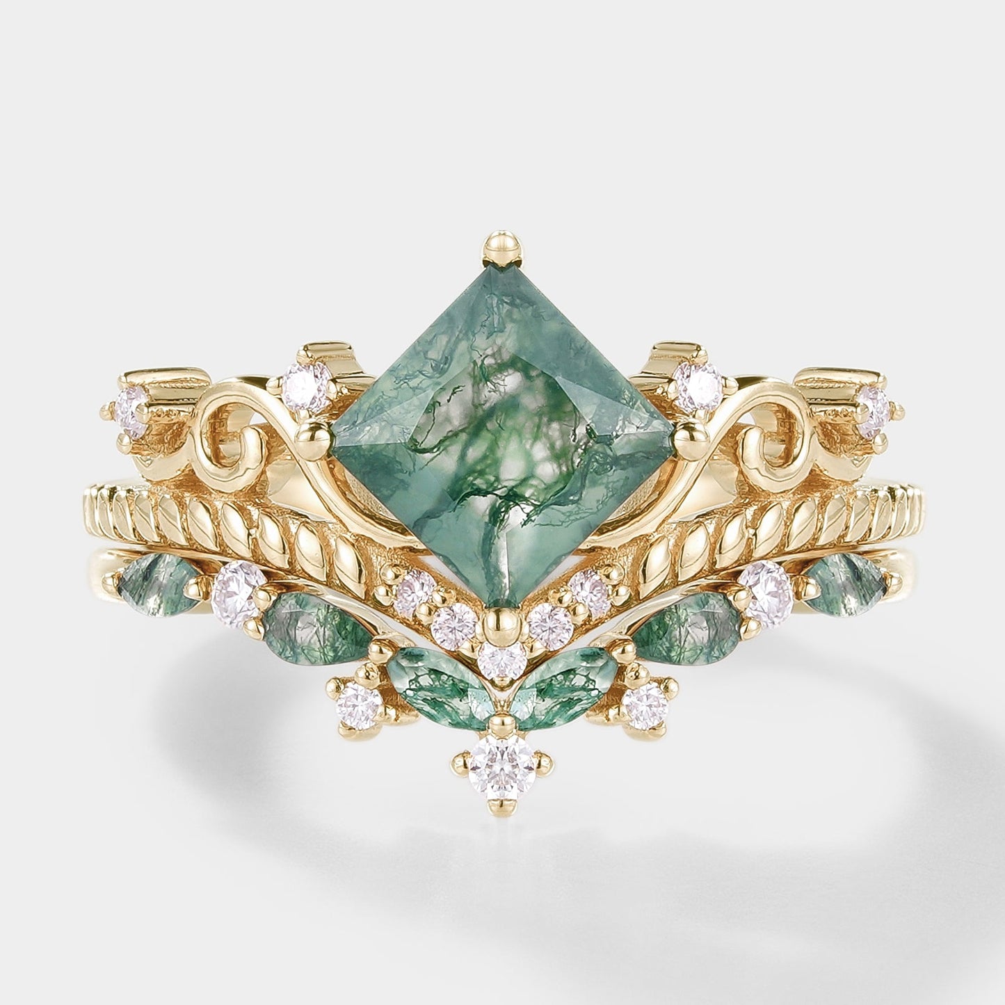 Vintage Princess Cut Moss Agate Bridal Ring Set 2pcs