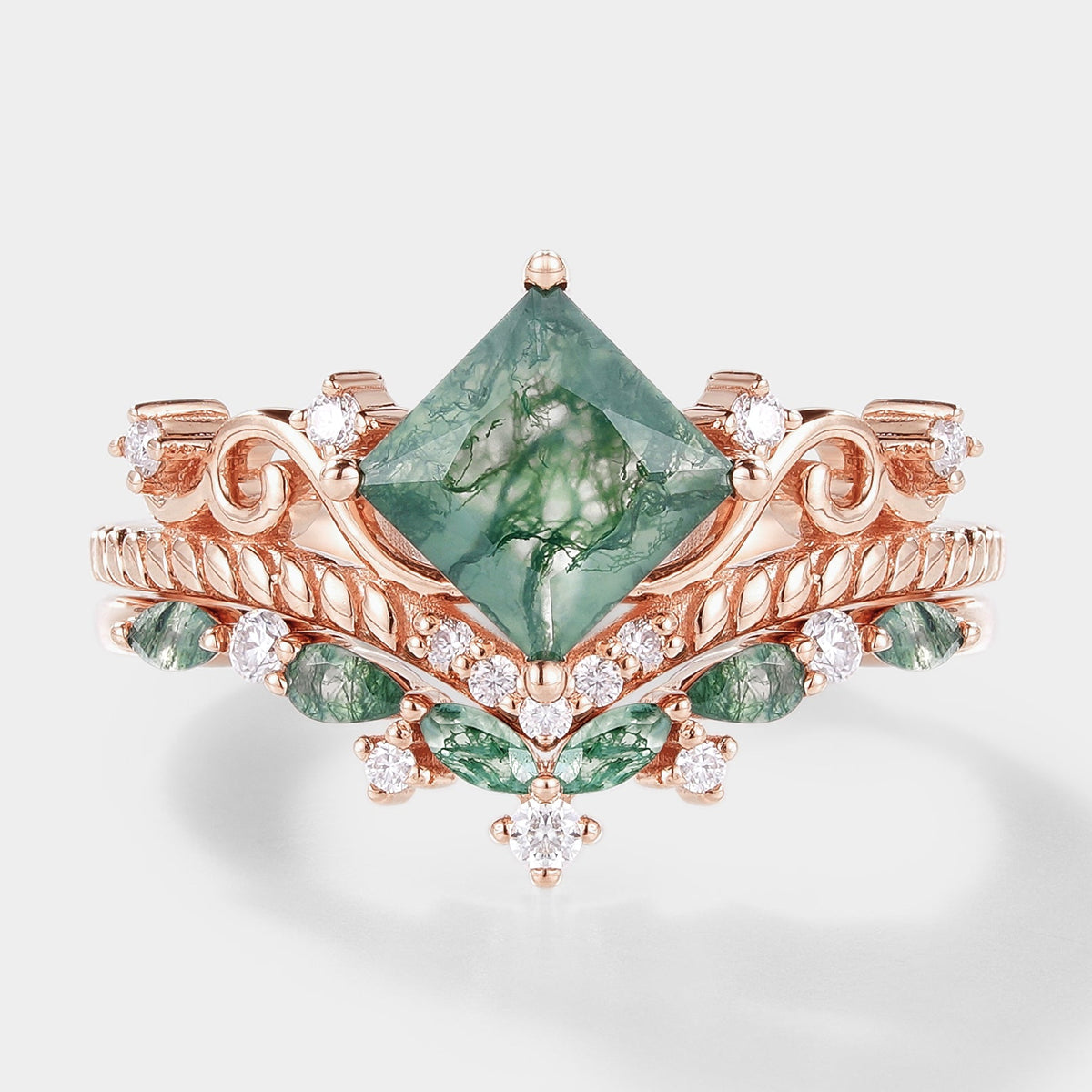 Vintage Princess Cut Moss Agate Bridal Ring Set 2pcs