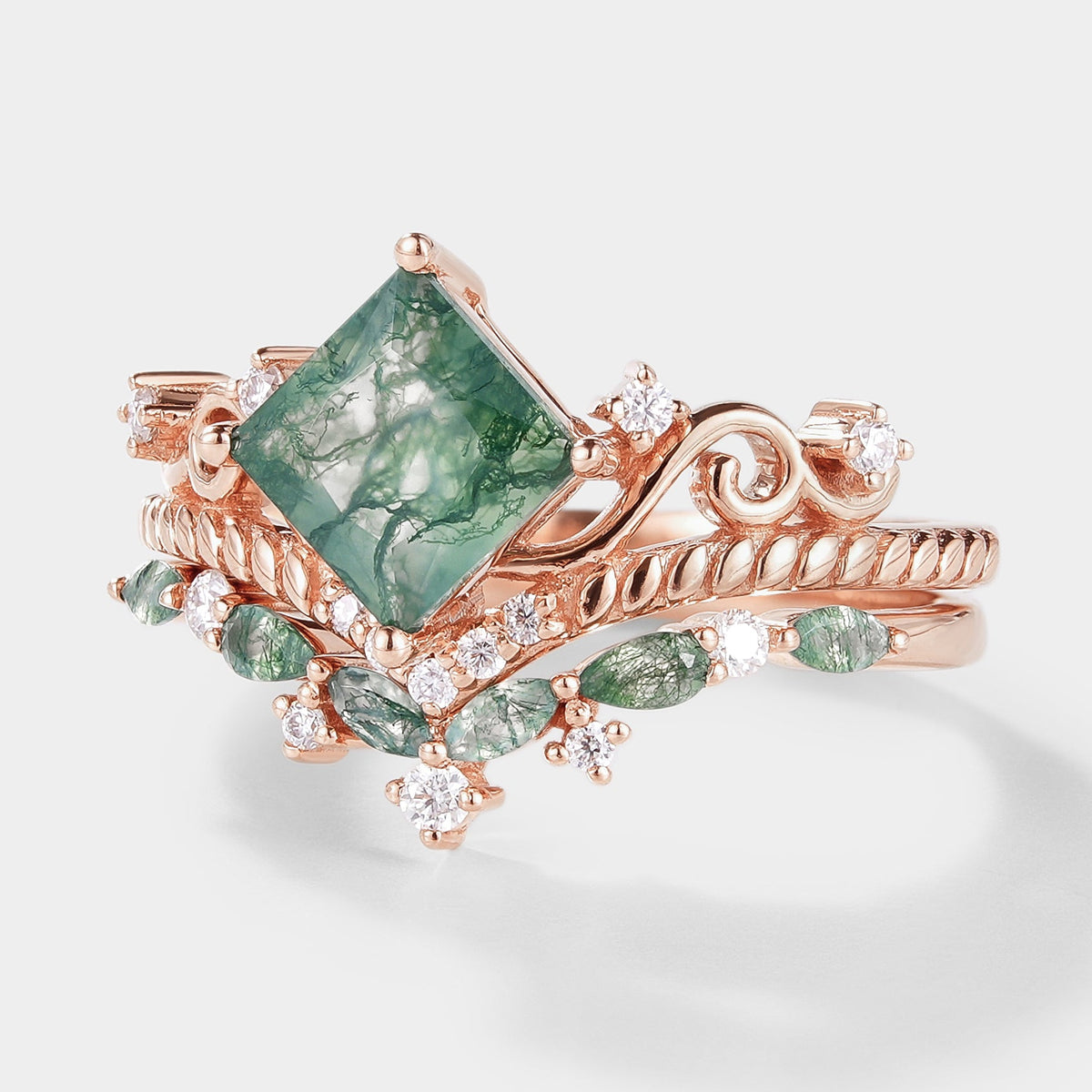 Vintage Princess Cut Moss Agate Bridal Ring Set 2pcs