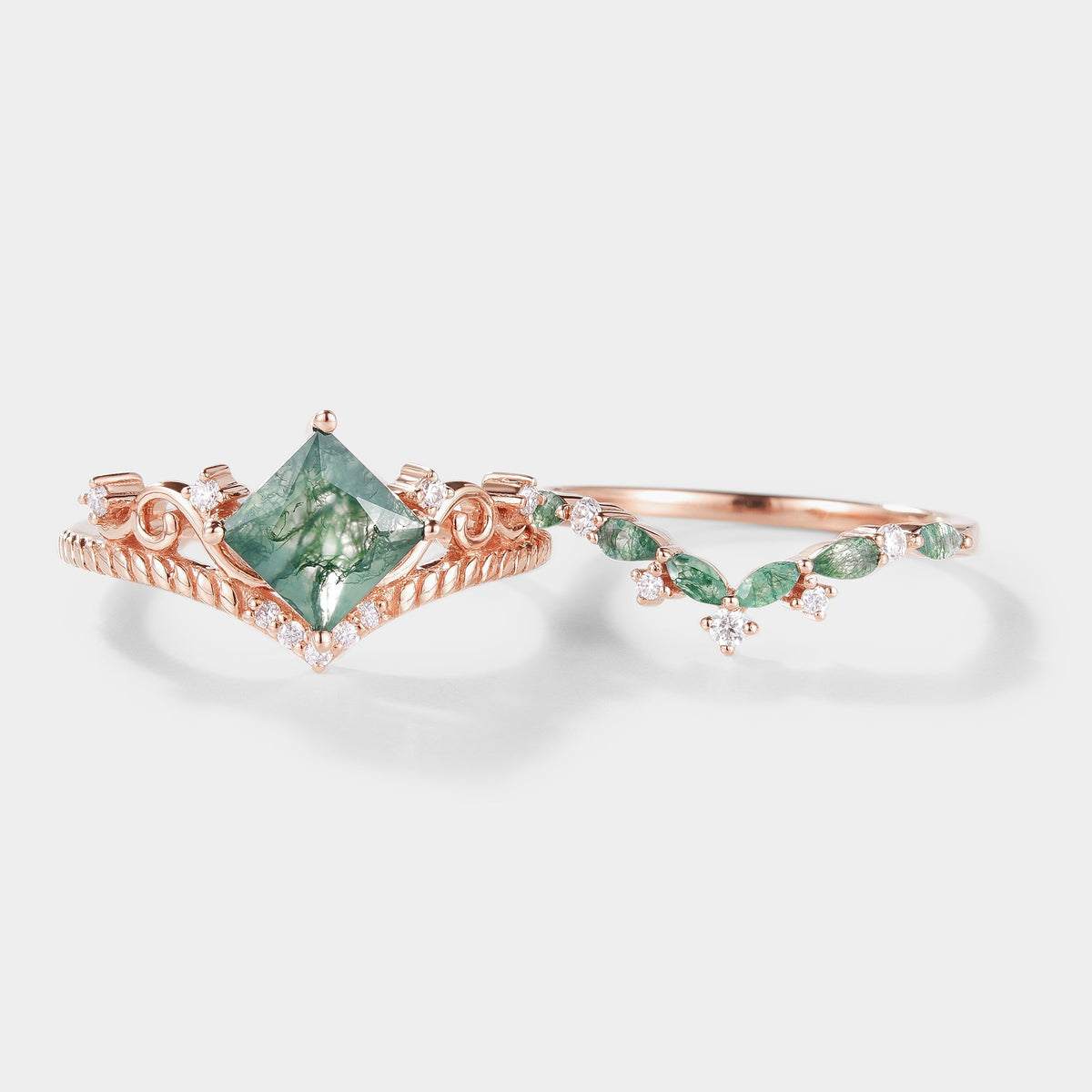 Vintage Princess Cut Moss Agate Bridal Ring Set 2pcs