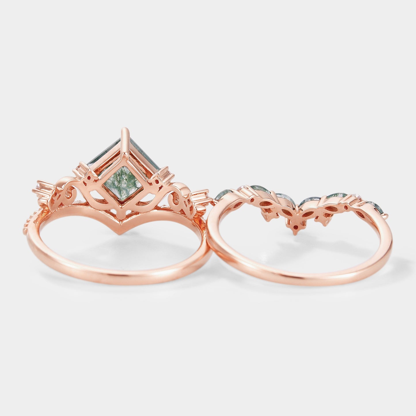 Vintage Princess Cut Moss Agate Bridal Ring Set 2pcs