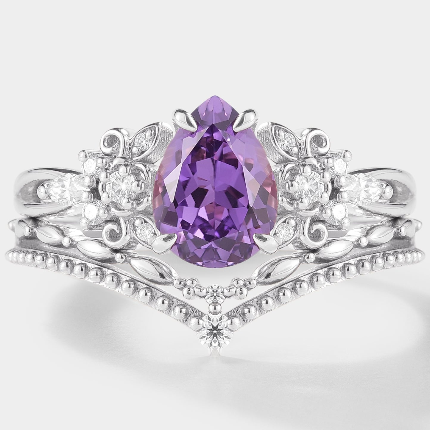 Pear Cut Purple Sapphire Engagement Ring Set 2pcs