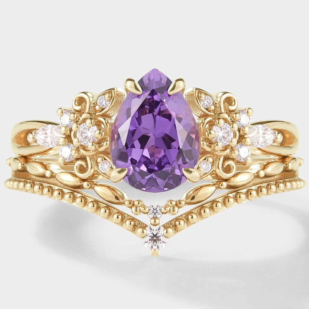 Pear Cut Purple Sapphire Engagement Ring Set 2pcs