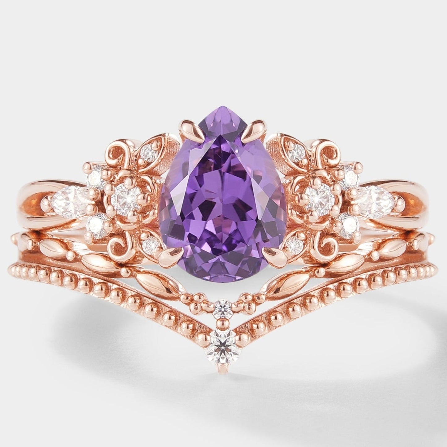 Pear Cut Purple Sapphire Engagement Ring Set 2pcs