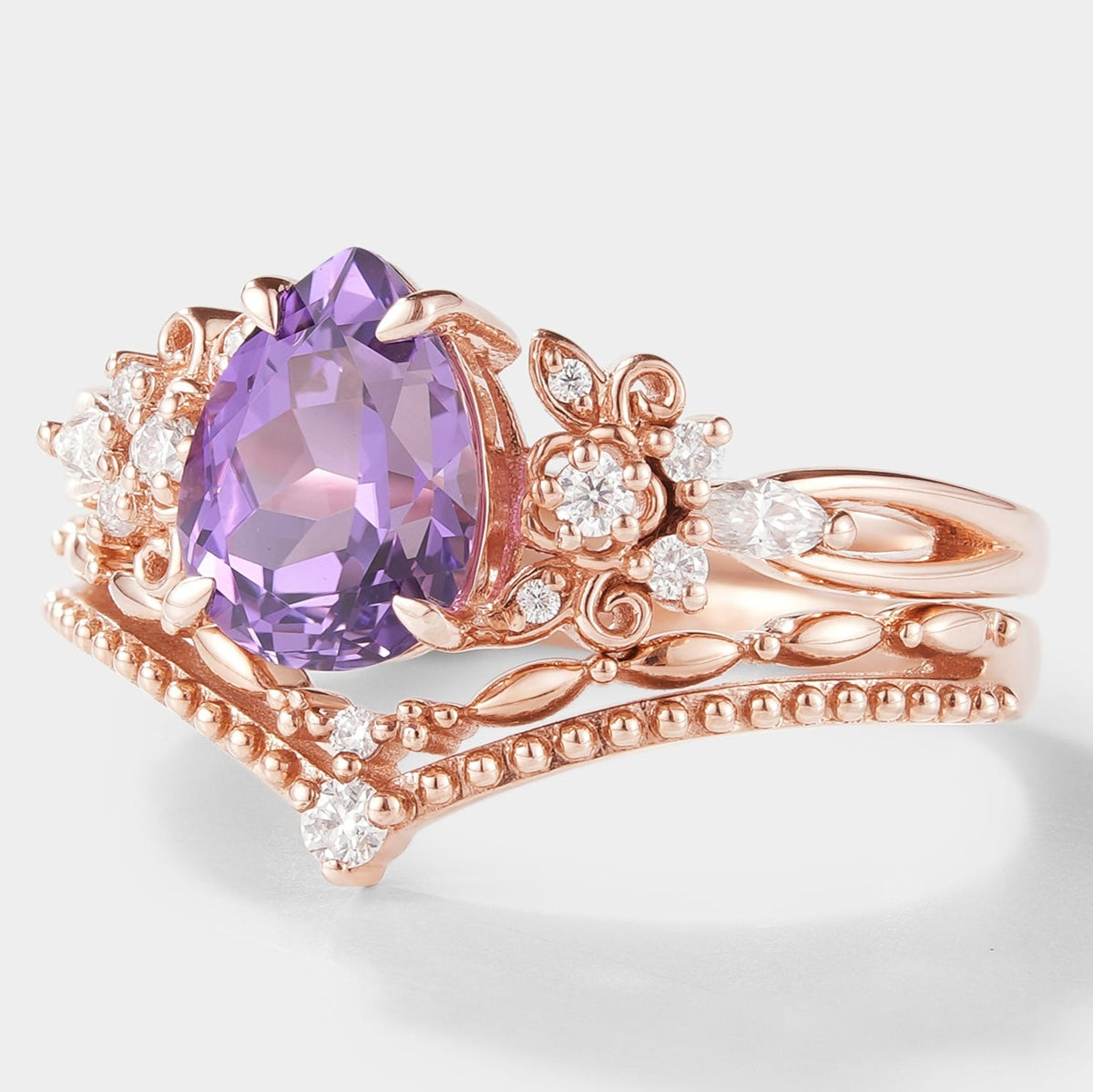 Pear Cut Purple Sapphire Engagement Ring Set 2pcs