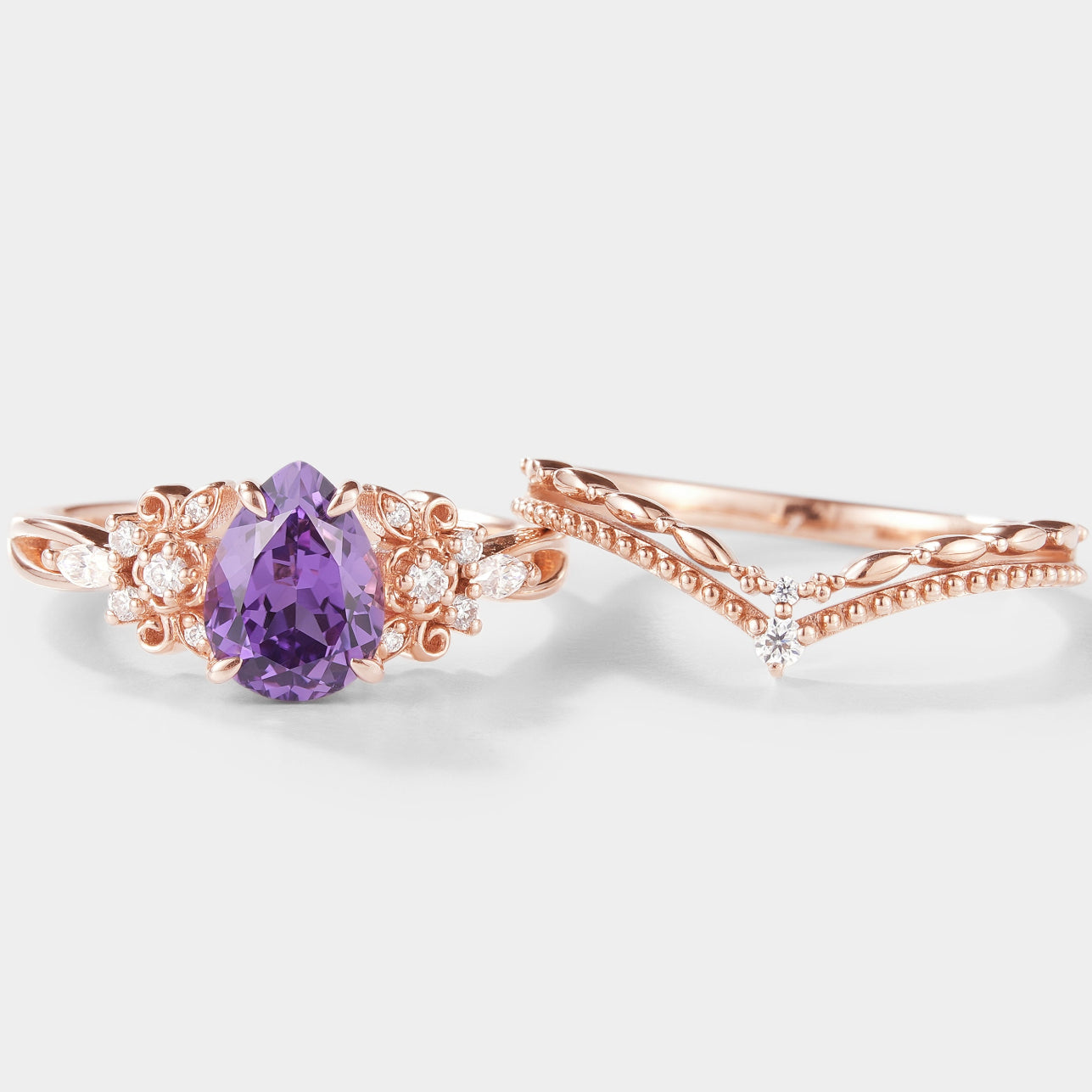 Pear Cut Purple Sapphire Engagement Ring Set 2pcs