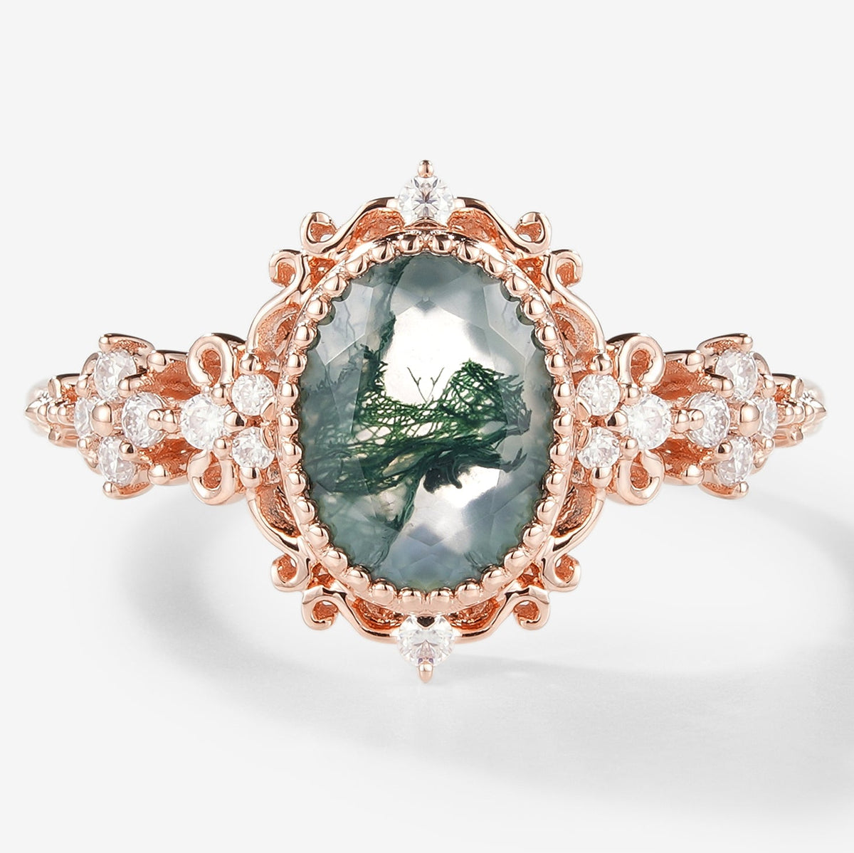 Oval Cut Moss Agate Vintage Engagement Ring