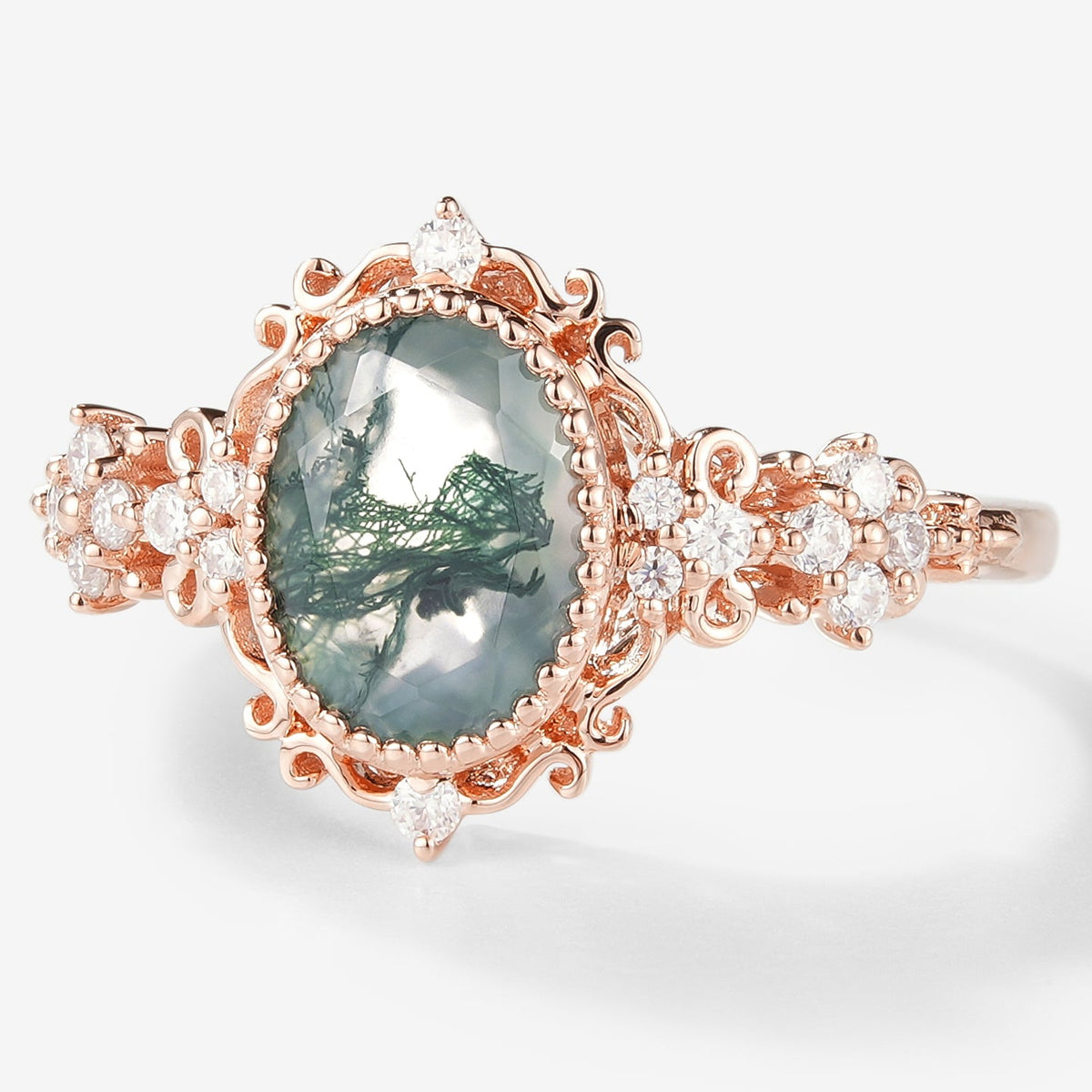 Oval Cut Moss Agate Vintage Engagement Ring