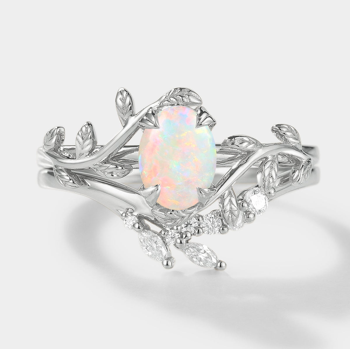 Oval Cut Opal Nature Inspired Leaf Engagement Ring Set 2pcs