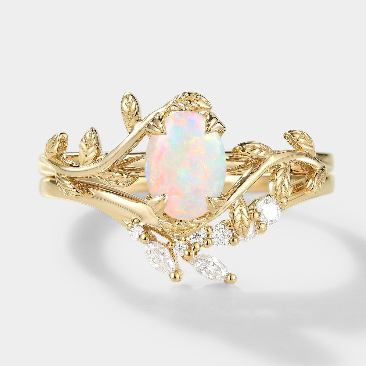 Oval Cut Opal Nature Inspired Leaf Engagement Ring Set 2pcs