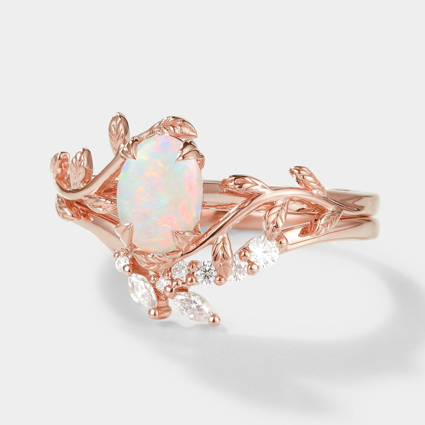 Oval Cut Opal Nature Inspired Leaf Engagement Ring Set 2pcs