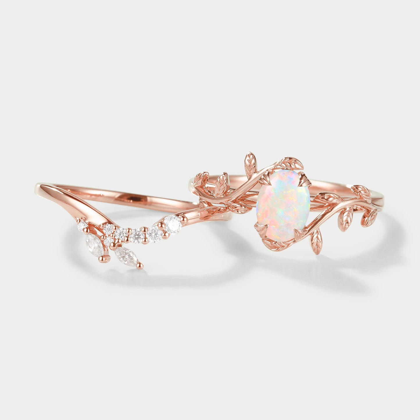 Oval Cut Opal Nature Inspired Leaf Engagement Ring Set 2pcs