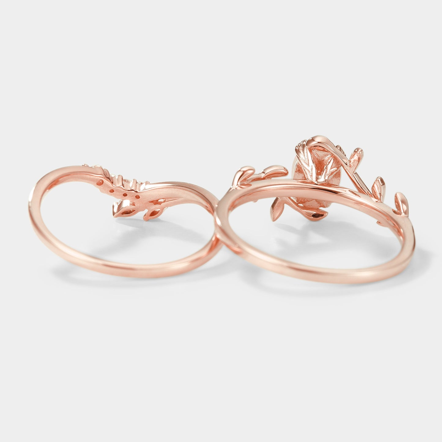 Oval Cut Opal Nature Inspired Leaf Engagement Ring Set 2pcs