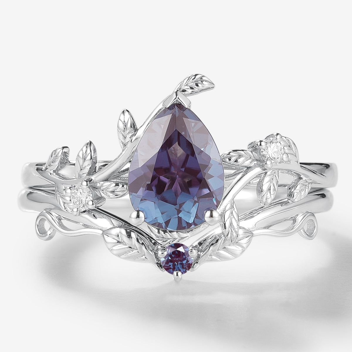 Pear Cut Alexandrite Leaf Inspired Wedding Ring Sets 2pcs
