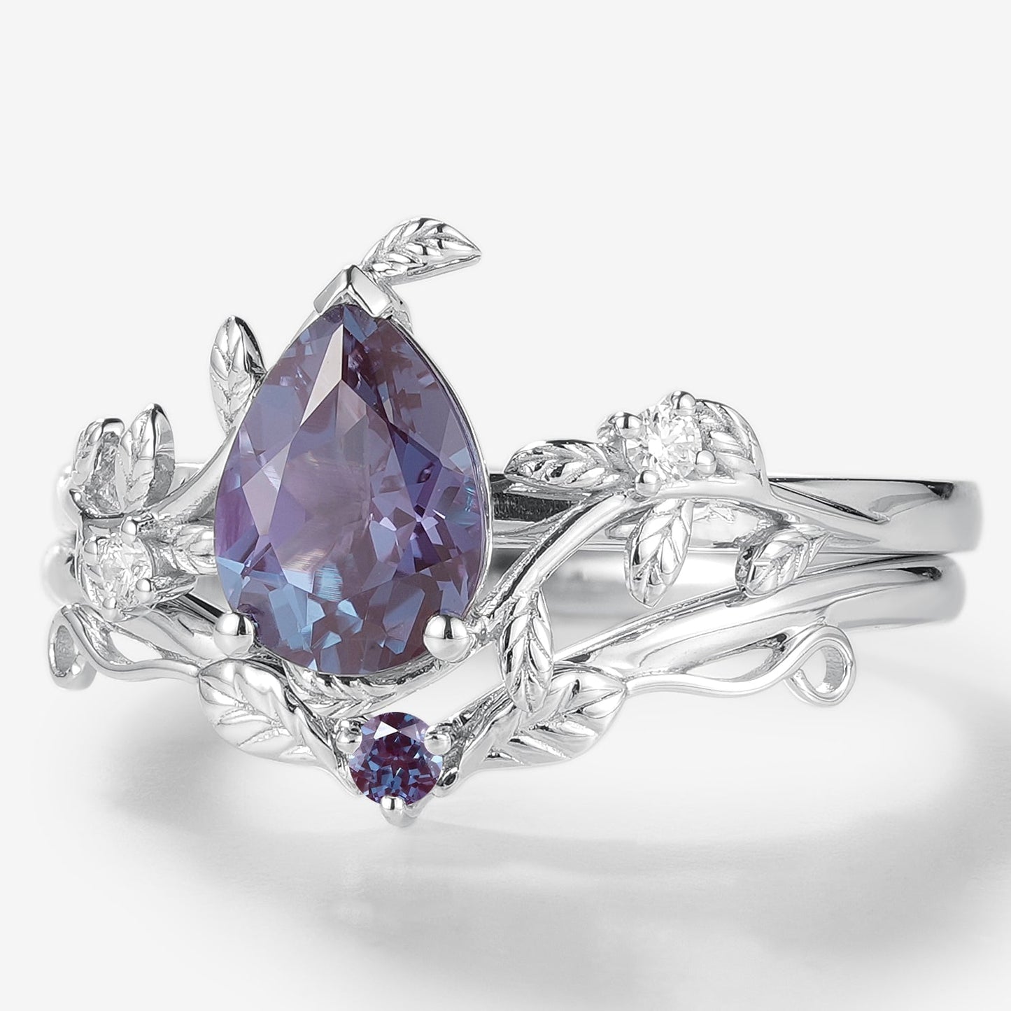 Pear Cut Alexandrite Leaf Inspired Wedding Ring Sets 2pcs