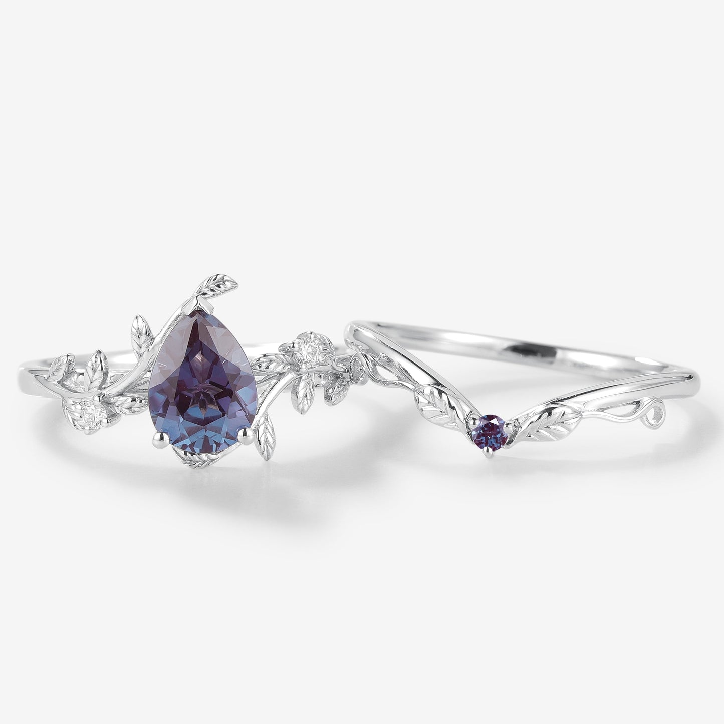 Pear Cut Alexandrite Leaf Inspired Wedding Ring Sets 2pcs