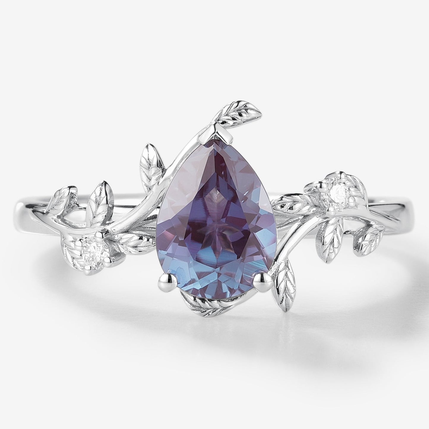 Pear Cut Alexandrite Leaf Inspired Engagement Ring