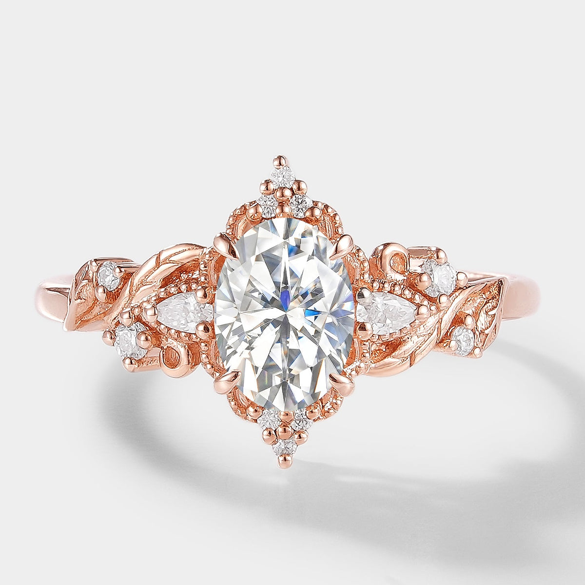 Oval Cut Moissanite Ring with Elongated Leaf Design – Aurelia