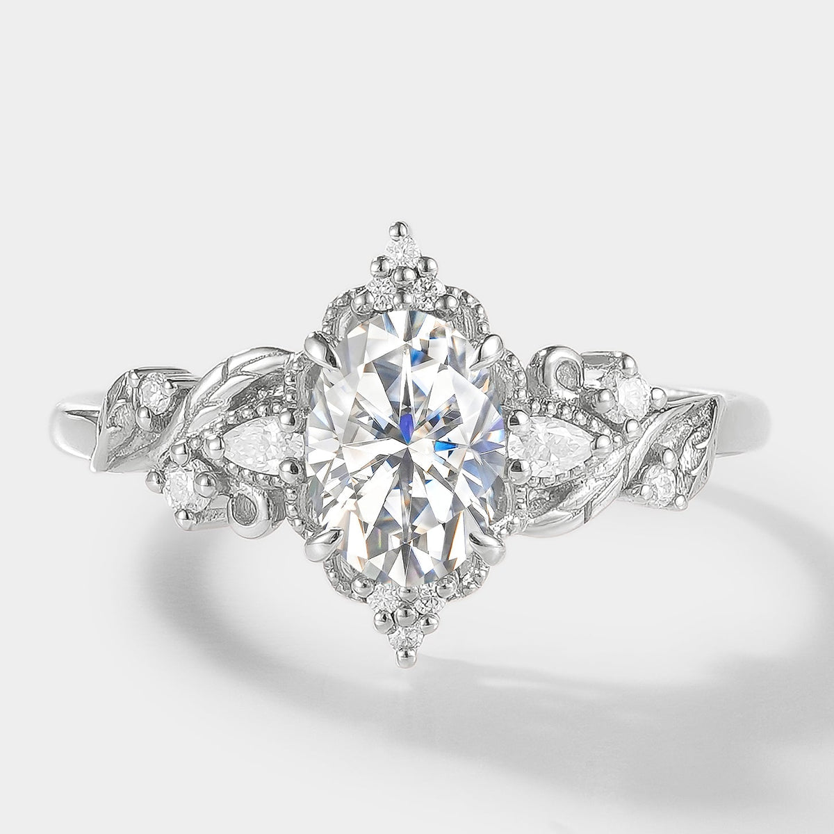 Oval Cut Moissanite Ring with Elongated Leaf Design – Aurelia