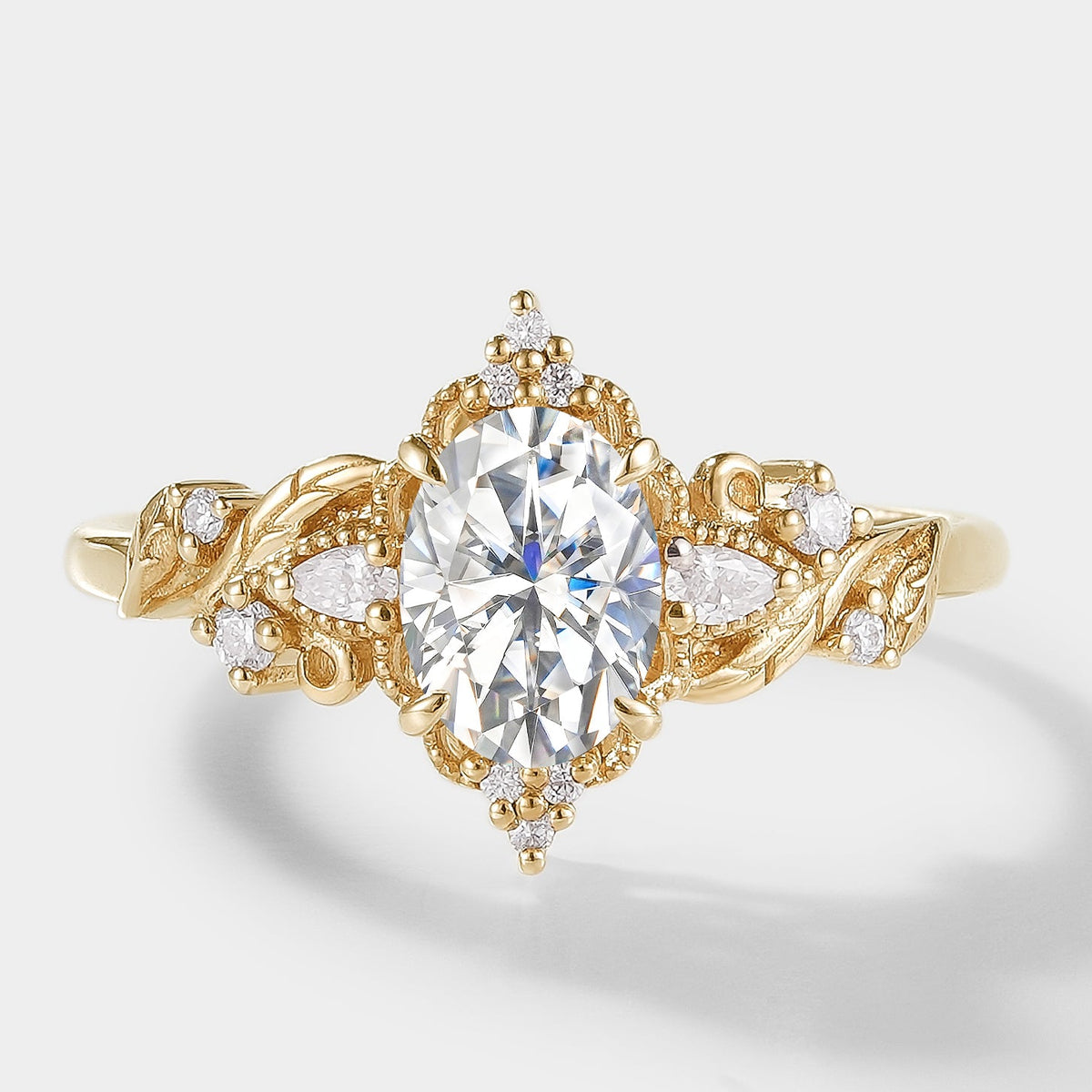 Oval Cut Moissanite Ring with Elongated Leaf Design – Aurelia