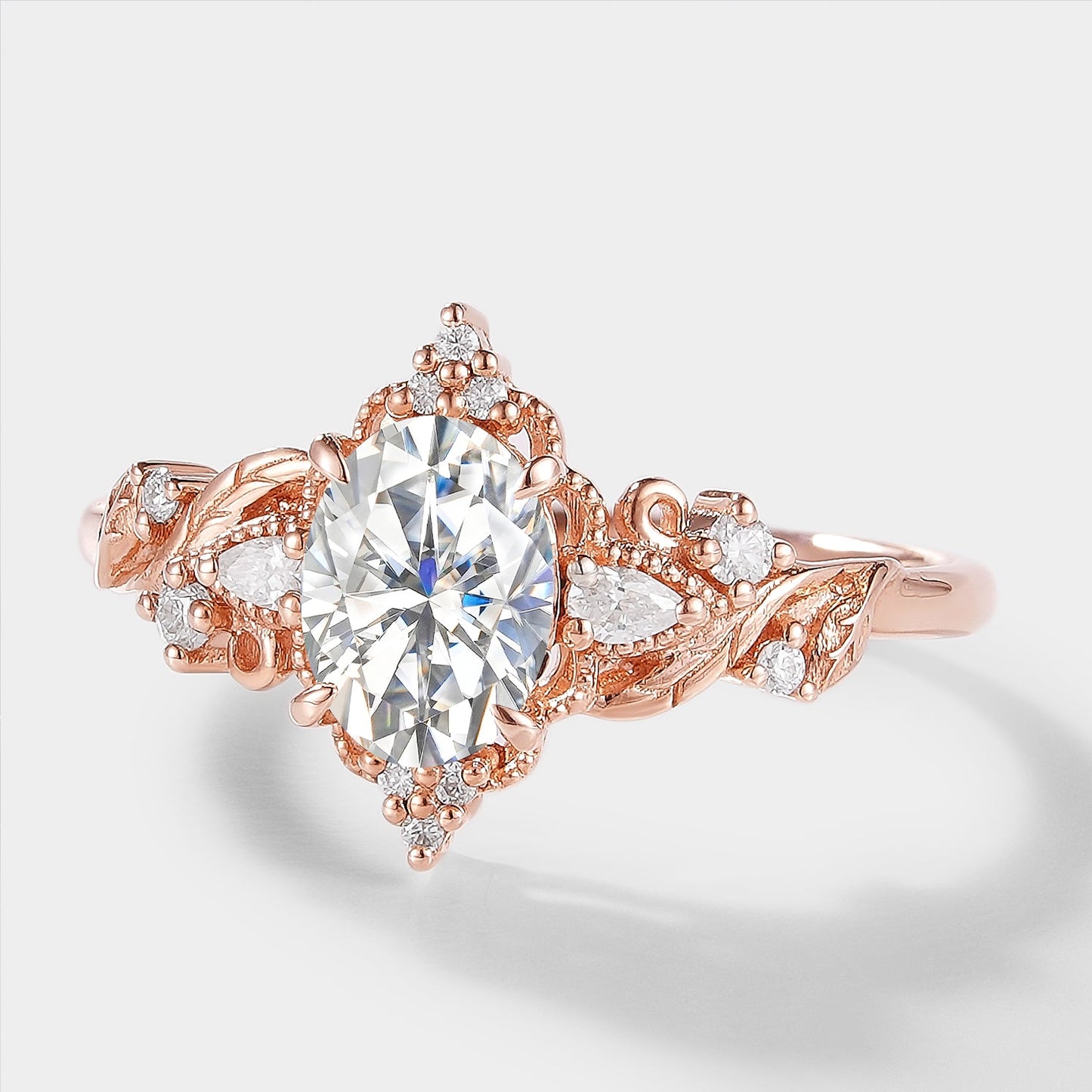 Oval Cut Moissanite Ring with Elongated Leaf Design – Aurelia