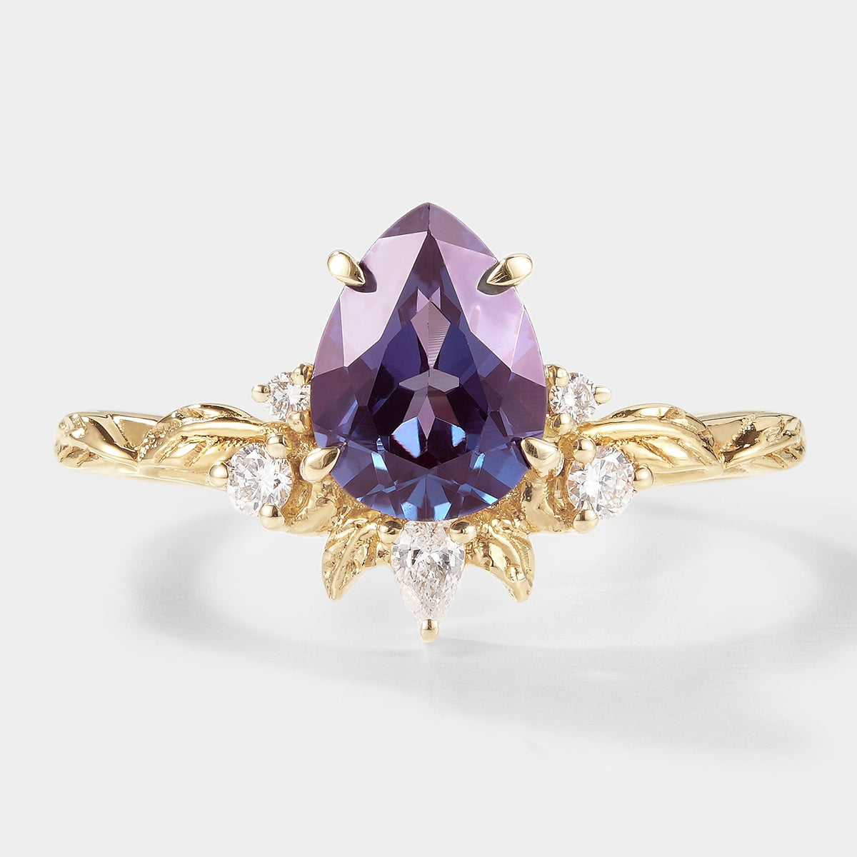 Pear Cut Alexandrite Engagement Ring With Leaf