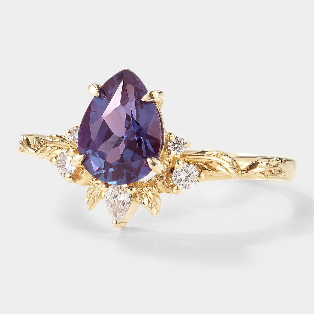 Pear Cut Alexandrite Engagement Ring With Leaf