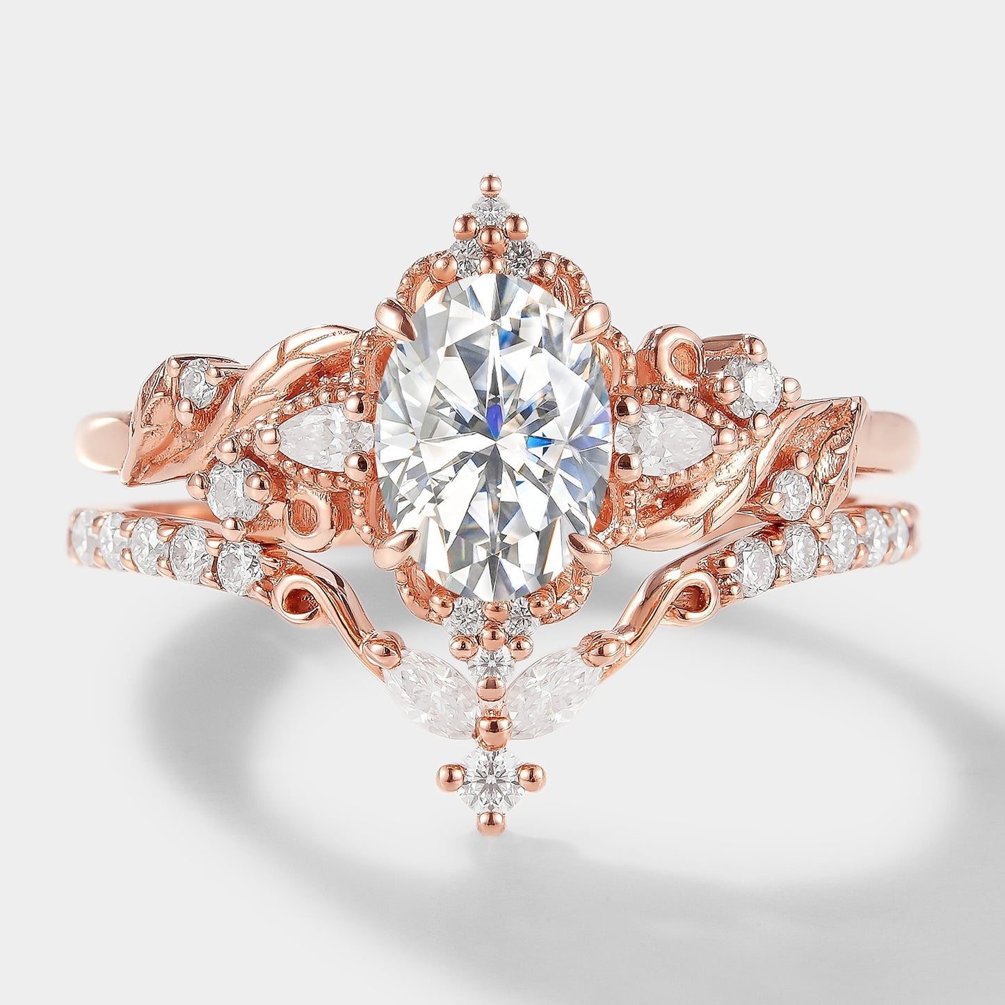 Elongated Leaf Oval Cut Moissanite Ring Set 2pcs