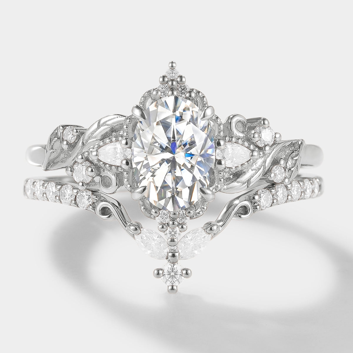 Elongated Leaf Oval Cut Moissanite Ring Set 2pcs