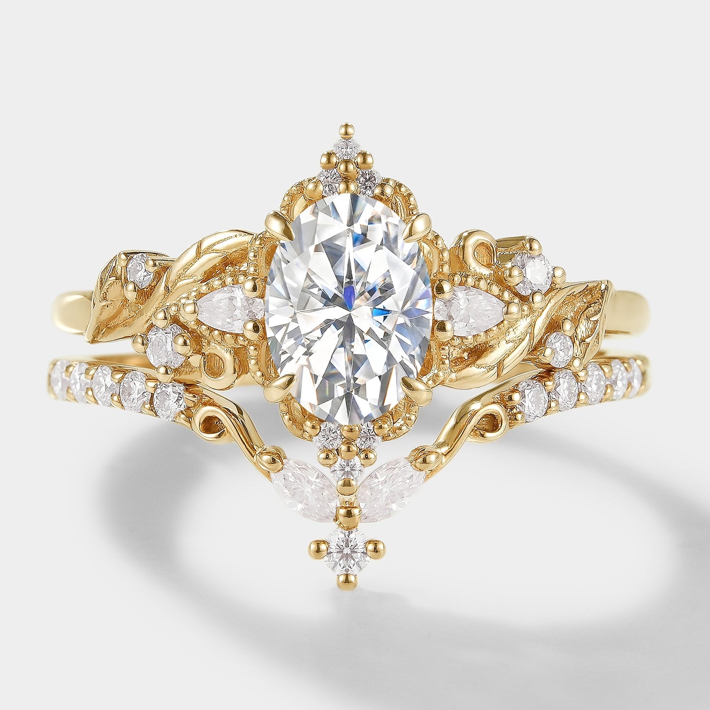 Elongated Leaf Oval Cut Moissanite Ring Set 2pcs