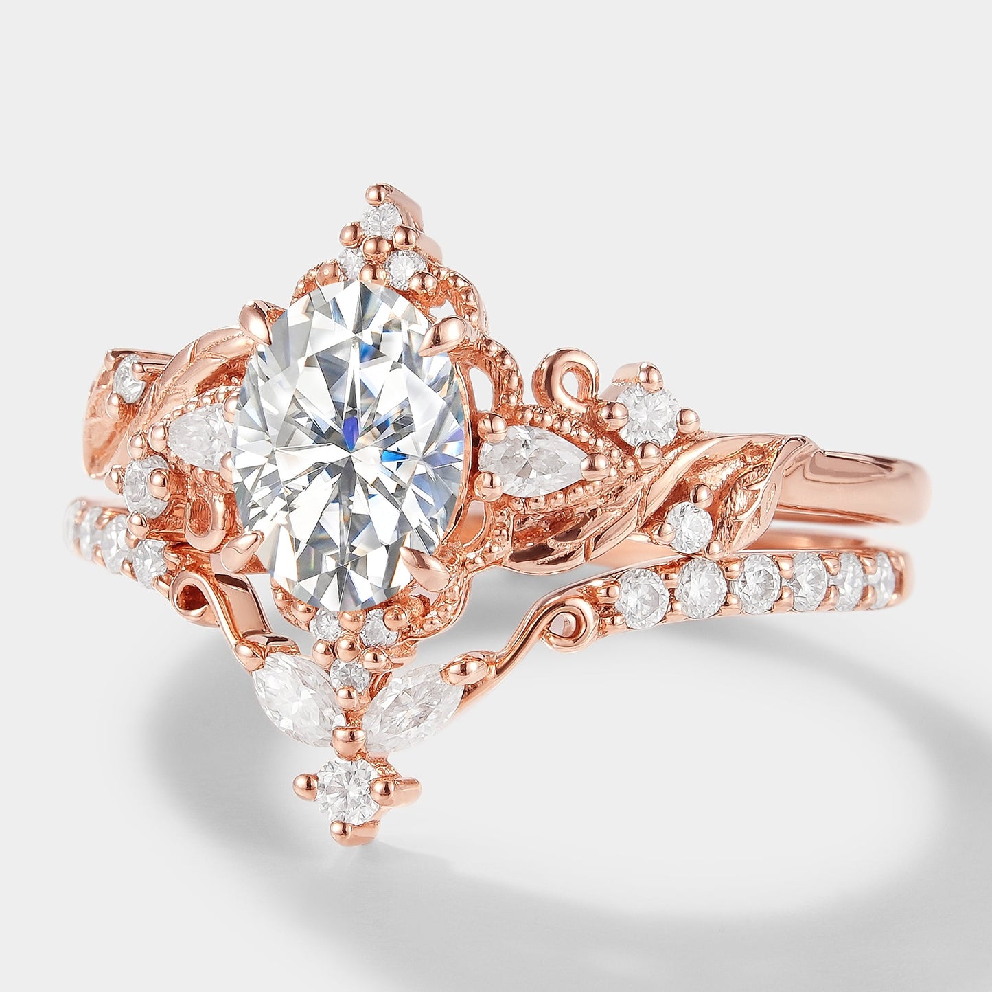 Elongated Leaf Oval Cut Moissanite Ring Set 2pcs