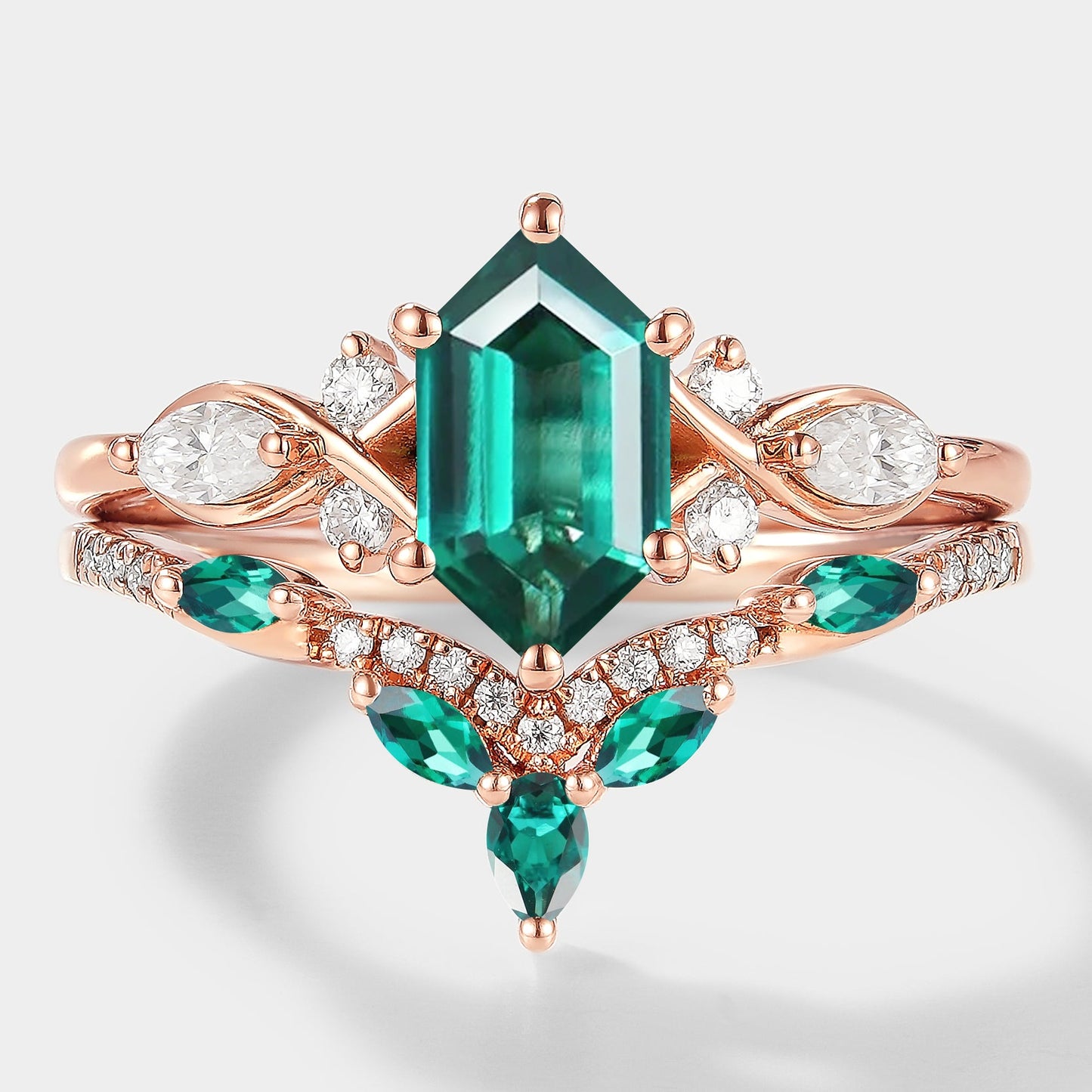Long Hexagon Cut Lab Emerald Ring Set 2pcs