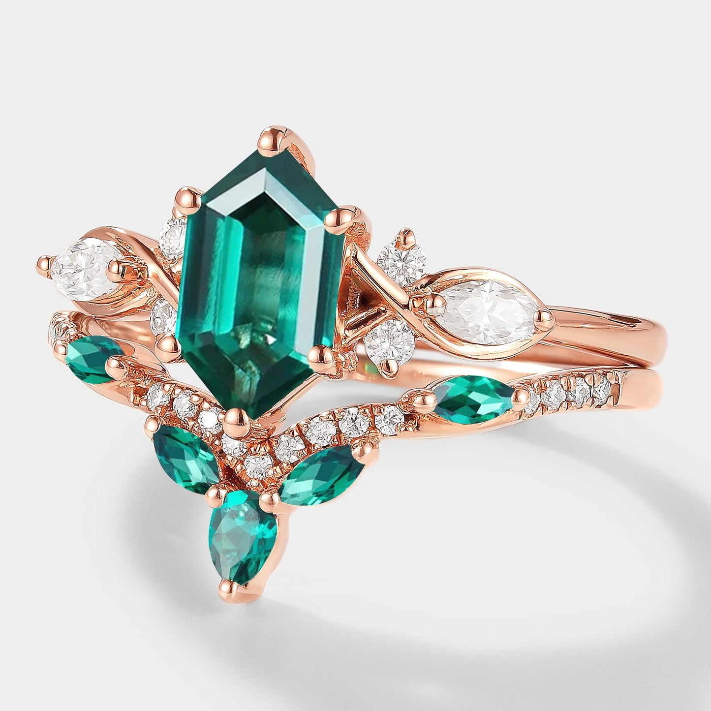 Long Hexagon Cut Lab Emerald Ring Set 2pcs