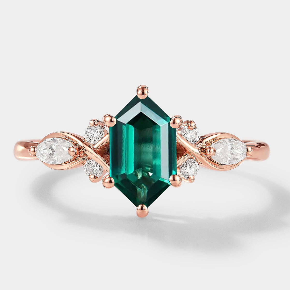 Long Hexagon Cut Lab Grown Emerald Engagement Ring
