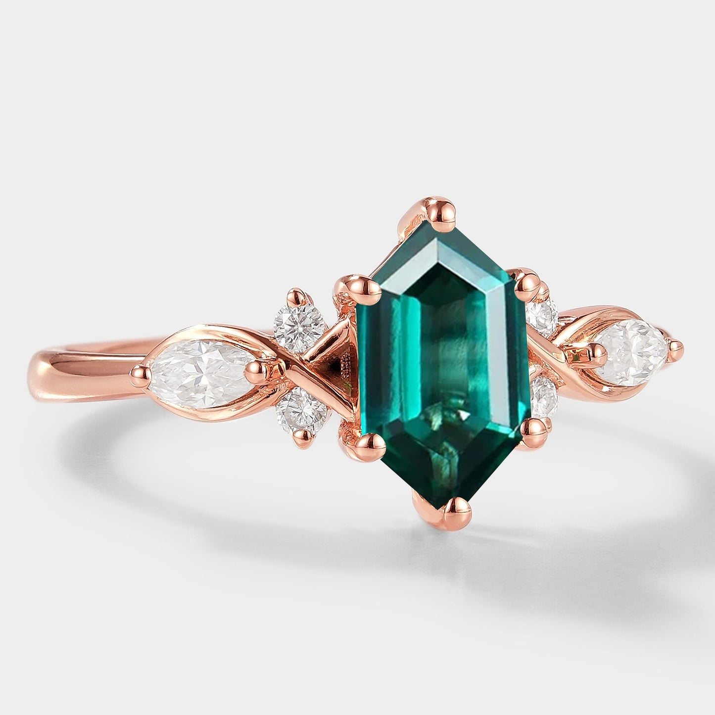 Long Hexagon Cut Lab Grown Emerald Engagement Ring