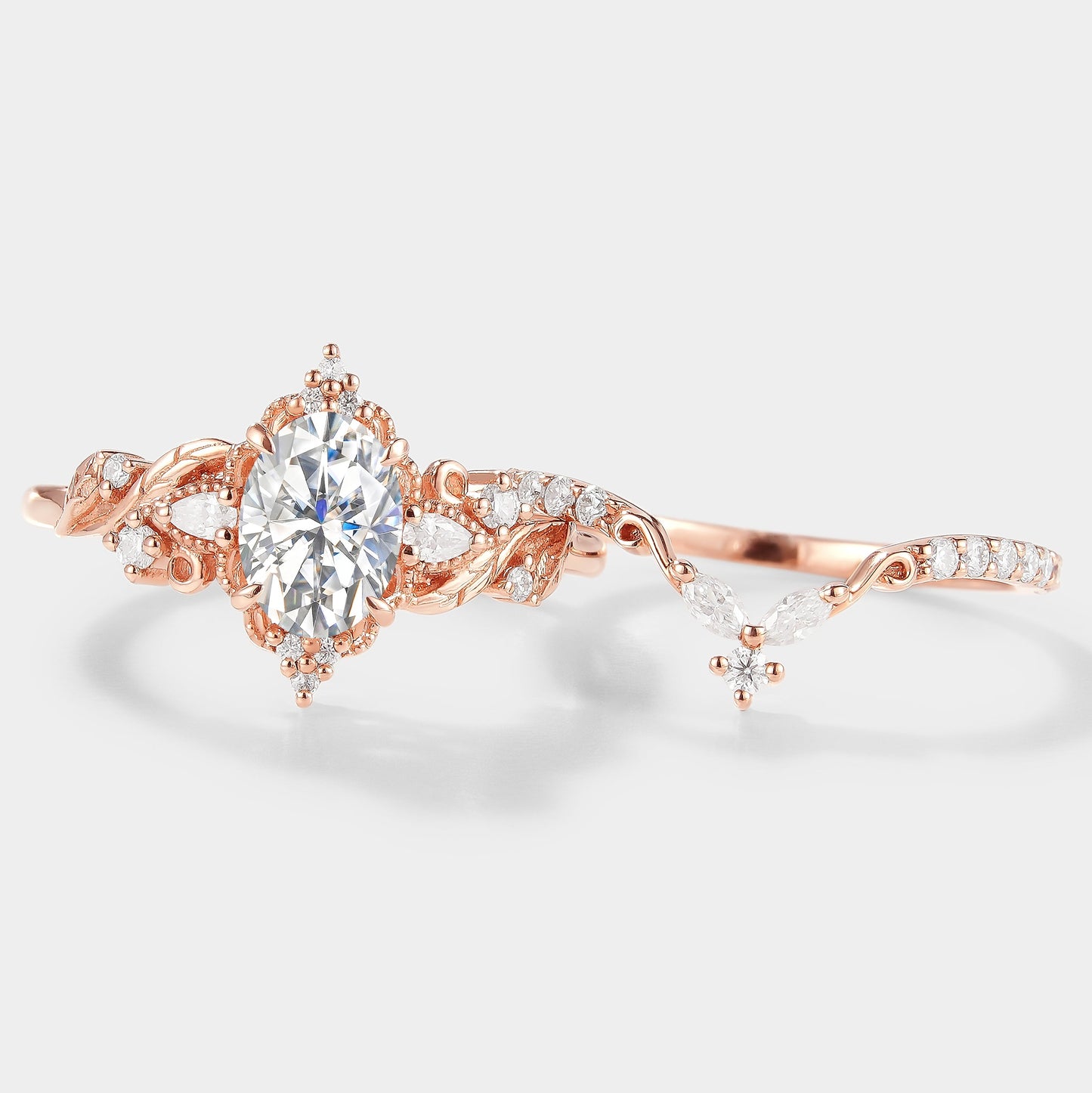 Elongated Leaf Oval Cut Moissanite Ring Set 2pcs