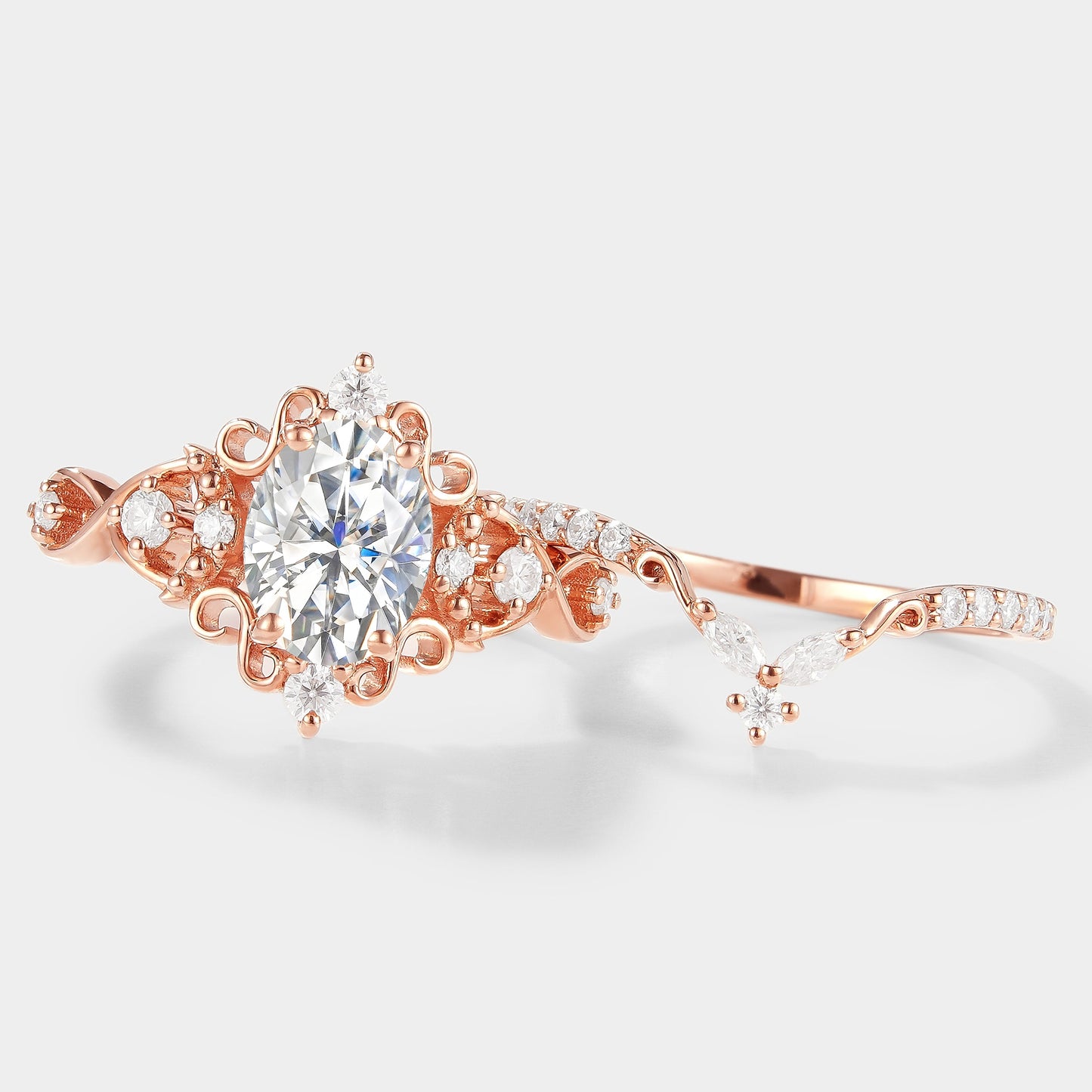 Vintage Oval Cut Moissanite Engagement Ring Set 2pcs
