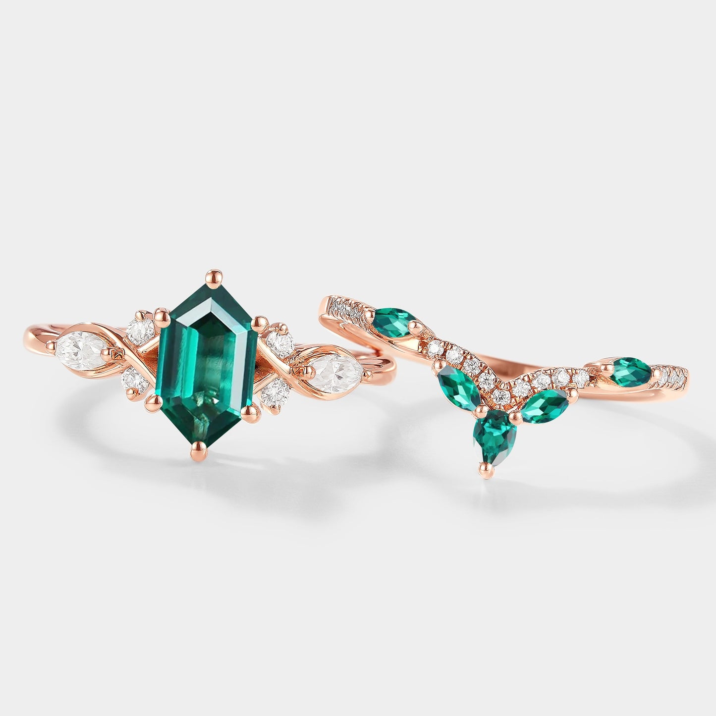 Long Hexagon Cut Lab Emerald Ring Set 2pcs