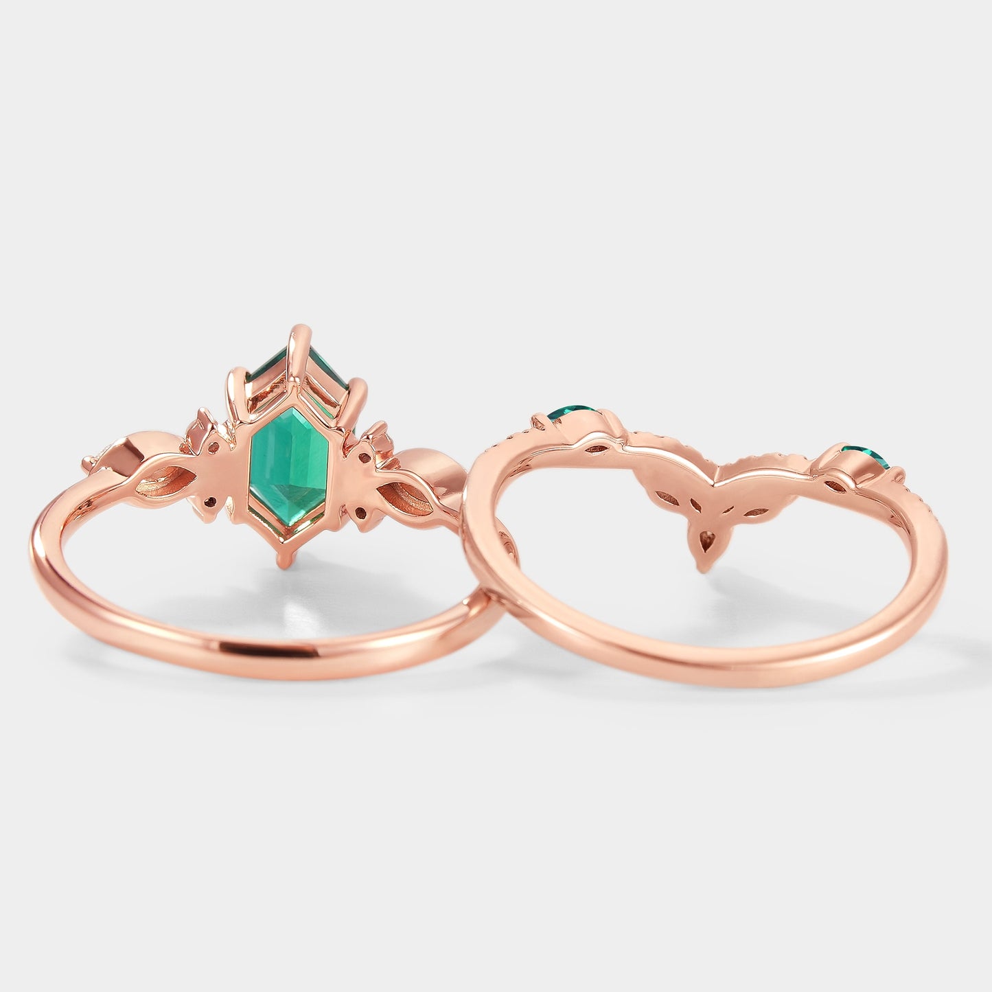 Long Hexagon Cut Lab Emerald Ring Set 2pcs