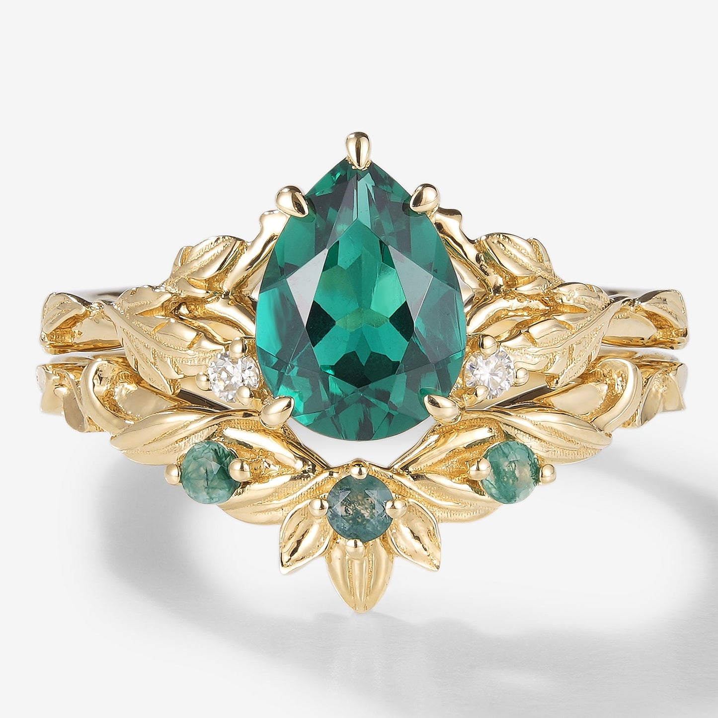 Pear Cut Lab Created Emerald Leaf Bridal Sets 2pcs