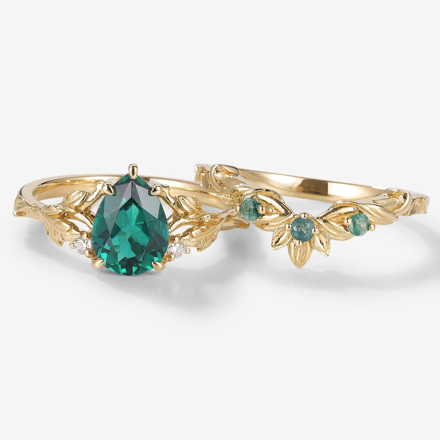 Pear Cut Lab Created Emerald Leaf Bridal Sets 2pcs
