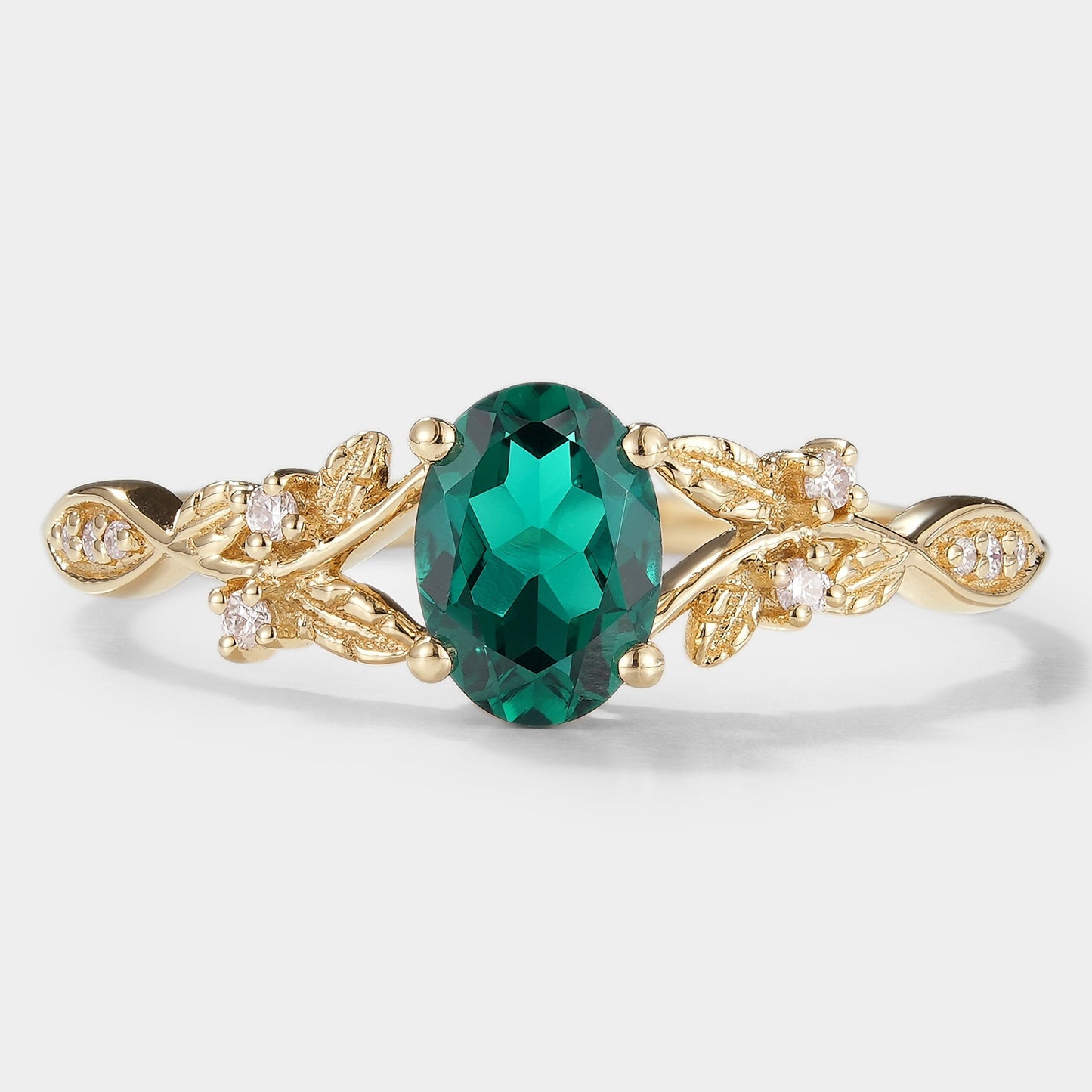 Oval Cut Lab Grown Emerald Leaf Engagement Ring